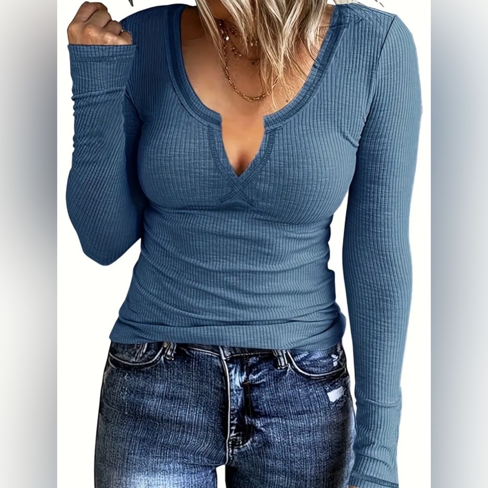 Stylish Blue Ribbed V-Neck Long Sleeve Top